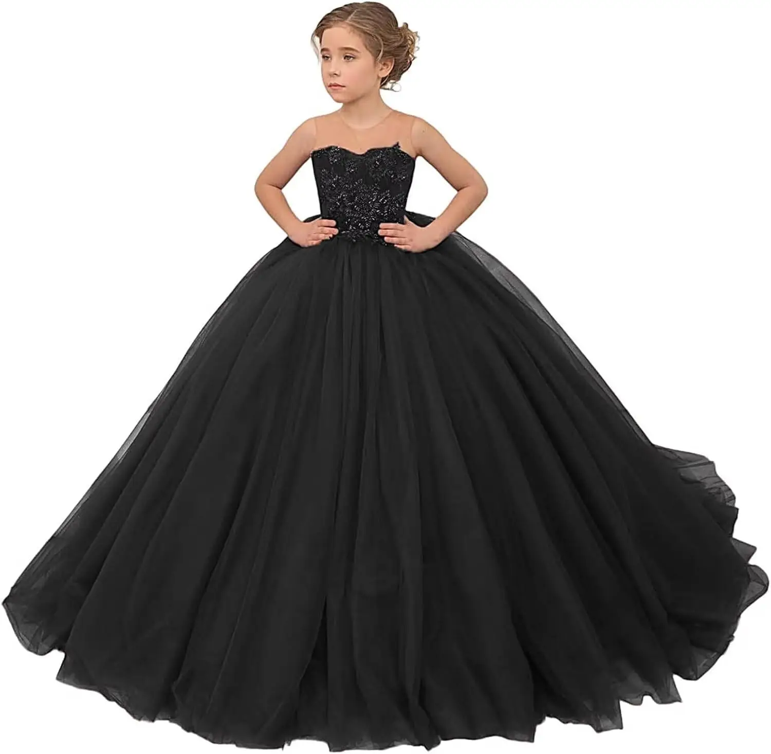 Tulle Flower Girls Dresses Lace Appliques Long Formal Princess Wedding Pageant Ball Gowns for Children
