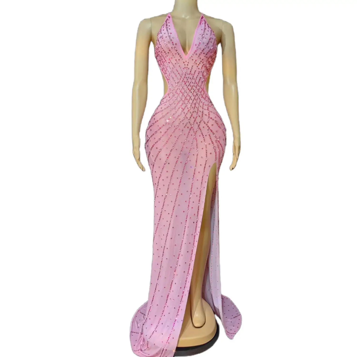 Babagan أنيقة المرأة عارية الذراعين ثوب مسائي مثير الأبيض بقماش شفاف معلقة الرقبة شق تنورة طويلة عيد ميلاد العودة للوطن فساتين حفلات