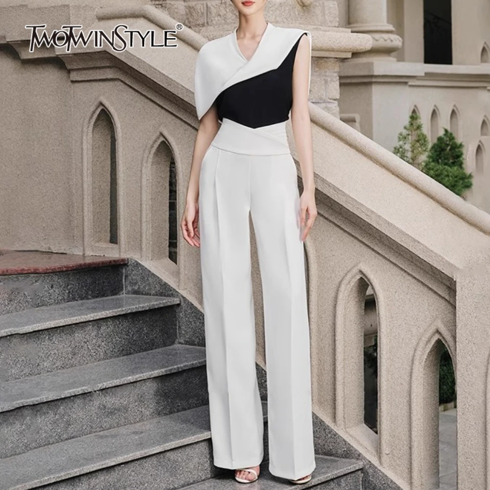 

TWOTWINSTYLE Colorblock Fashion Two Piece Sets for Women V Neck Sleeveless Tops High Waist Pant Temperament Set Female Clothing