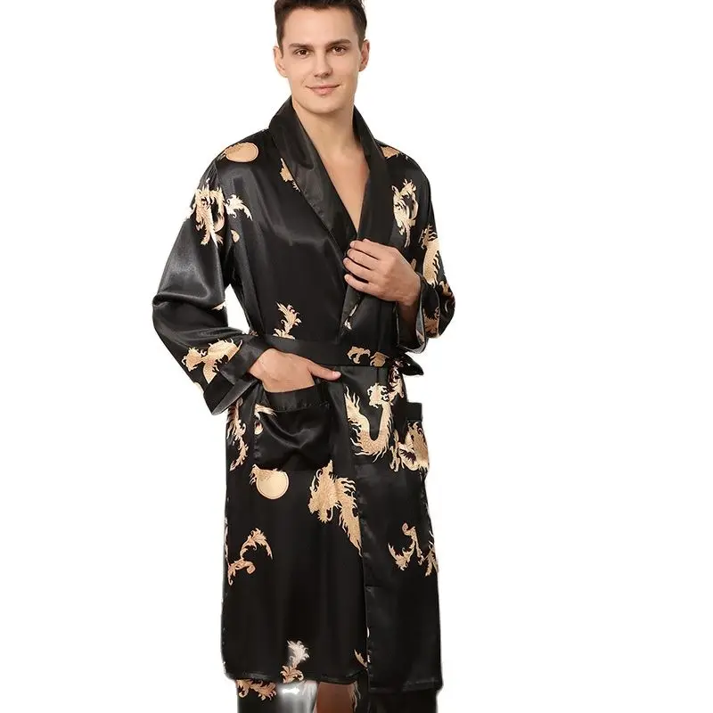 Male Satin Sleepwear Robe & Pants Dargon Pajamas Set Print Men Nightwear Kimono Bathrobe Gown Faux Silk Lounge Wear Home Clothes