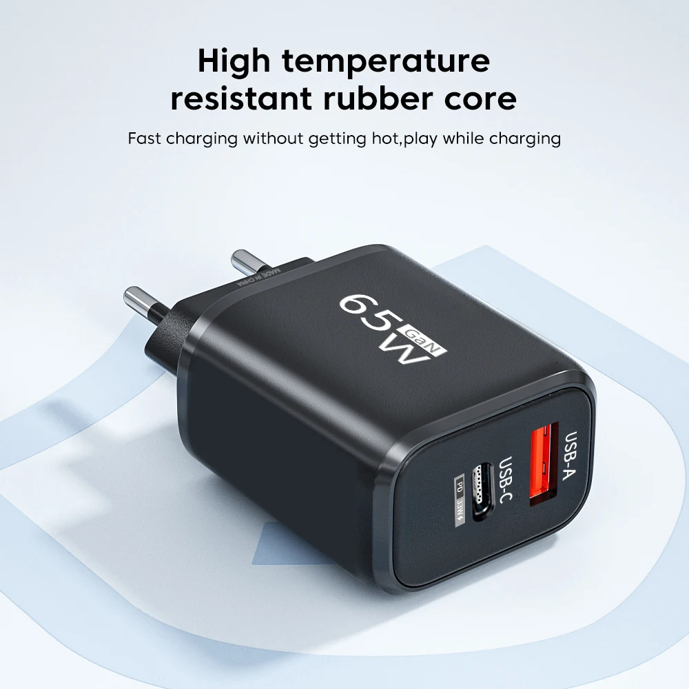 PD 2 In 1 65W GaN EU/US Plug USB Charger Dual Ports USB Type C Fast Charging Wall Charger Portable Quick Charging Power Adapter