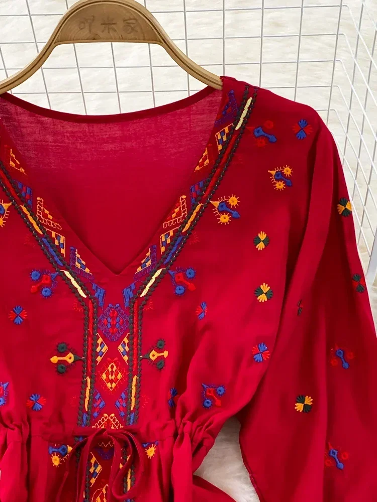 New Spring Summer Bohemian Retro Ethnic Style Embroidery V-neck Waist A-line Seaside Holiday Swing Long Vestidos Dress D1491