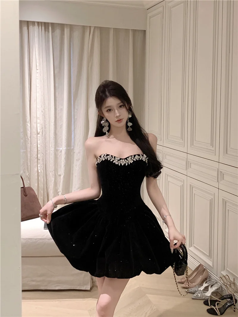 French Princess Velvet Black Birthday Party Mini Dress Women New Fall Winter Fashion Strapless Diamonds Beads Fluffy Short Dress