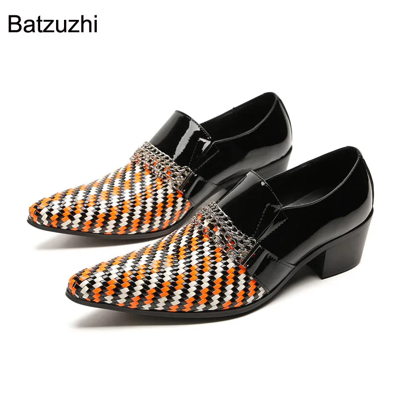 Batzuzhi 6cm High Heels Men's Shoes Split Color Genuine Leather Dress Shoes Men Slip on Formal Business, Party and Wedding Shoes