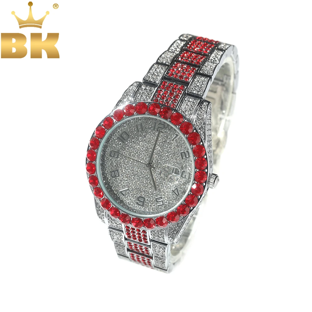 

TBTK Big Dial Watch Iced Out Red White Rhinestone Top Dual Calendar Men's Quartz Clock Luxury Waterproof Wrist Watch