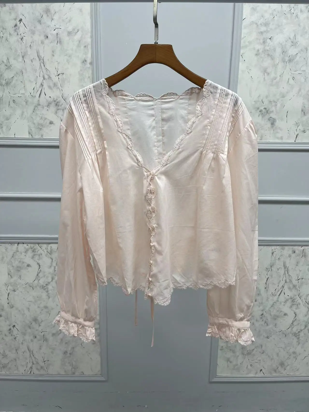 Pink Women 100% Cotton Blouse or Tank Tops 2024 New Embroidery Long Sleeve Lace-Up Shirt Lace Ruffles Sleeveless Pleated Vest