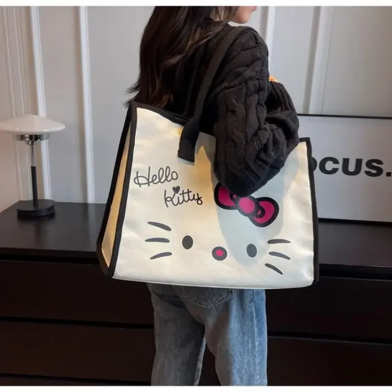 حقيبة سفر محمولة هالو كيتي بكتف واحد، حقيبة ملكة جمال لطيفة جديدة ذات سعة كبيرة، حقائب مطبوعة من القماش للمرأة