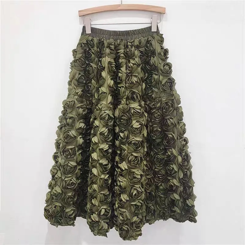 OCEANLOVE 3D Flowers Women Skirts Spring Autumn Vintage Elegant Faldas Mujer A-line Korean Fashion High Waist Long Skirt