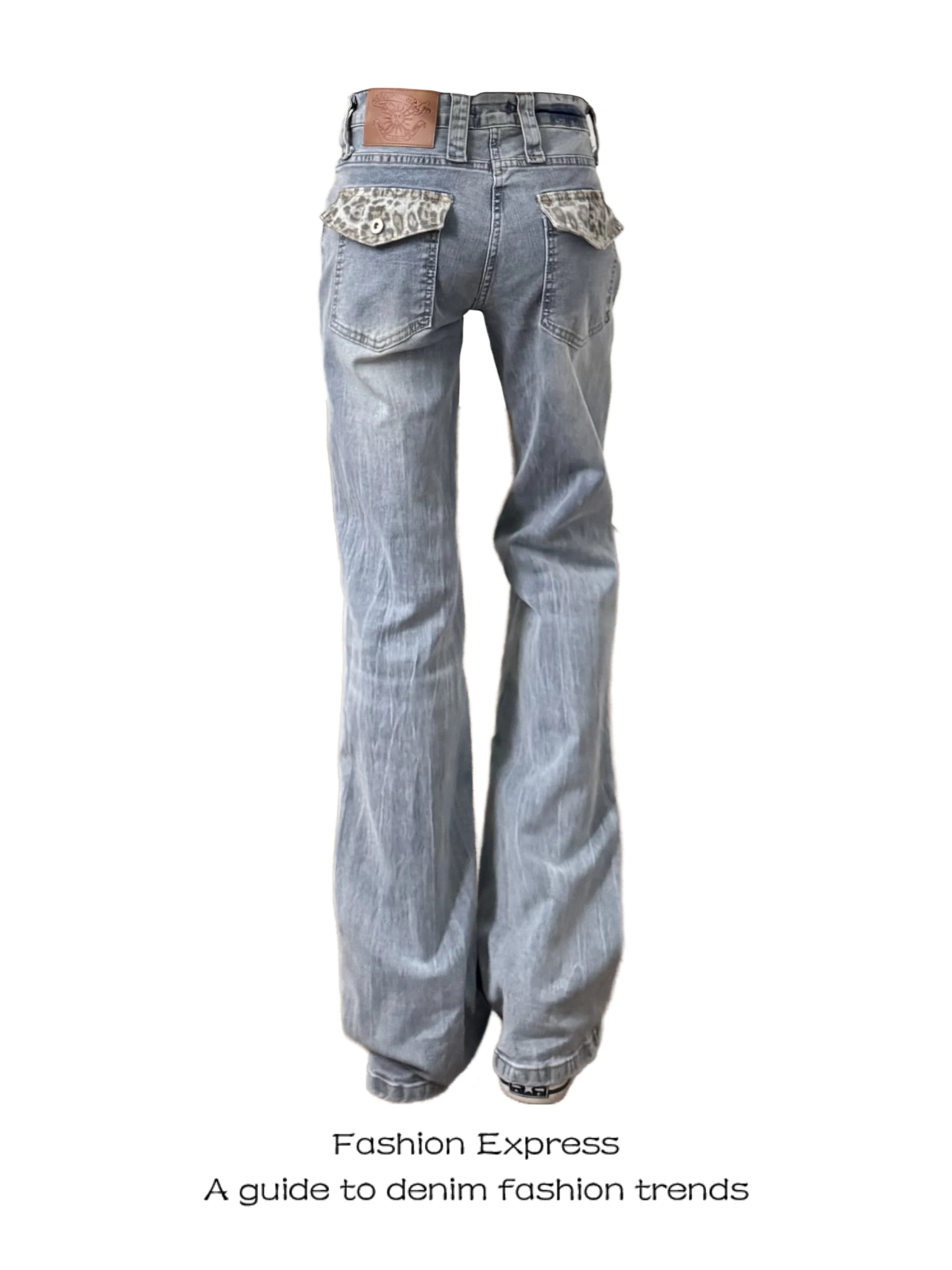 

Blue Leopard Print Denim Jeans Women's Summer New Style High Waist Wide Leg Pants with Pockets Slim Fit Long Trousers