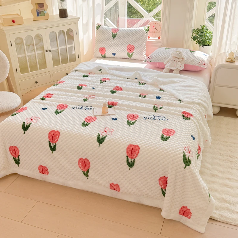 Floral Minky Fleece Blankets for Bed Double Layer Thick Artificial Lamb Wool Blanket Autumn Winter Warm Print Sofa Throw Blanket