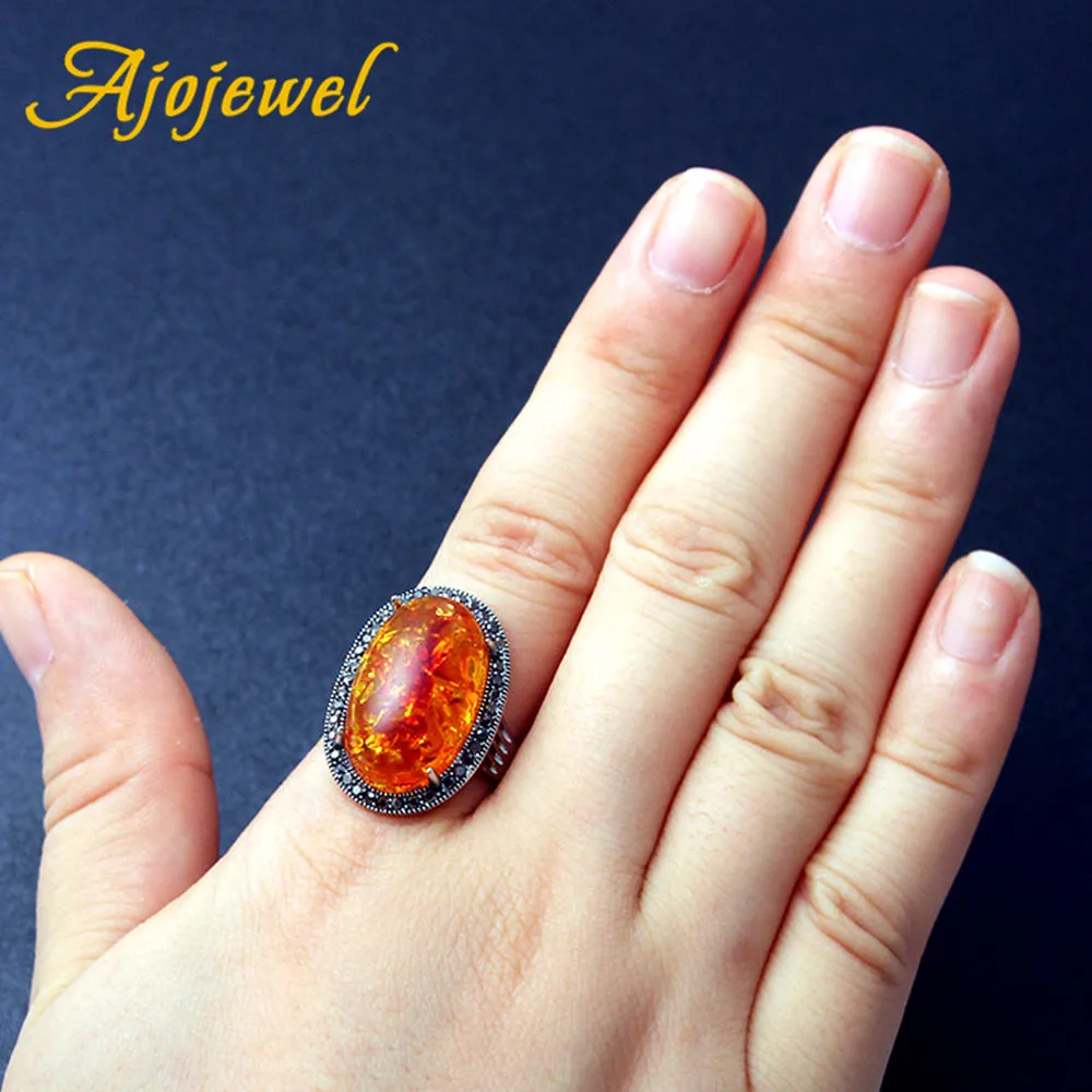 Ajojewel Big Oval Orange Stone Rings Women Black Rhinestone Jewelry Finger Nice Ladies Gift