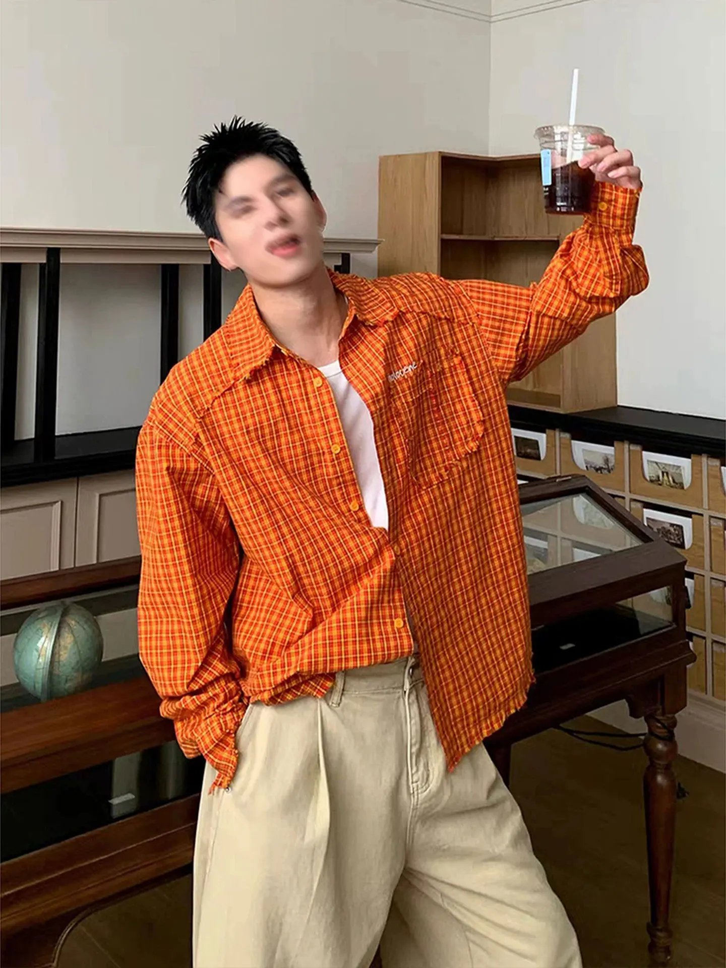 American Retro Orange Yellow Long Sleeve Shirt Men Women Dopa Plaid Shirt High Quality Couple Plaid Jacket Cotton Pure