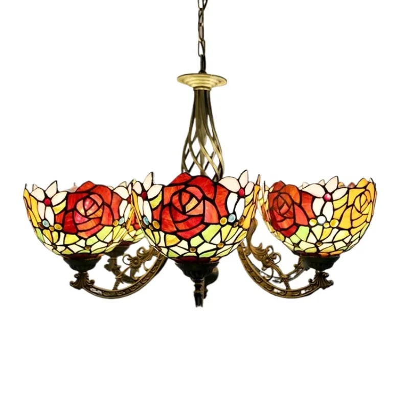 

Deluxe European-style room chandelier stained glass yellow floral lampshade chandelier