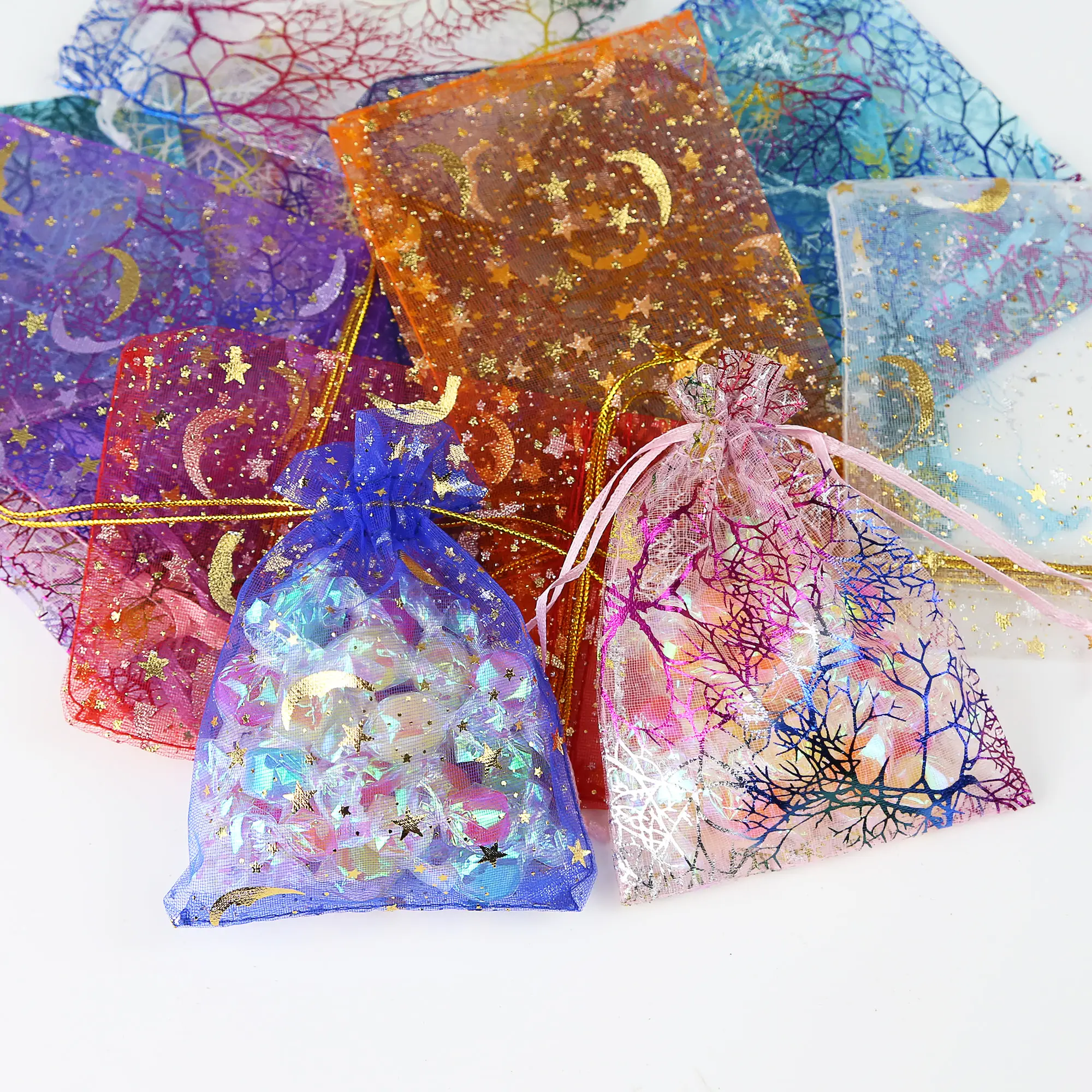 100PCS 2Styles Drawstring Organza Bags Jewelry Gift Bags Pouches Gold Star Organza Favor Pouches for Christmas Wedding view 2