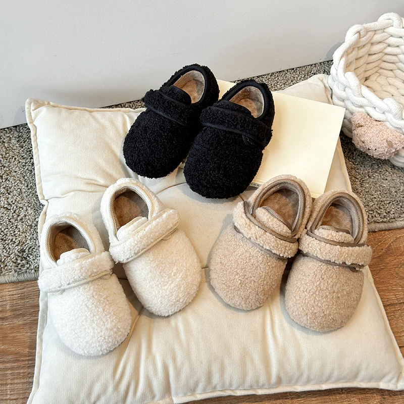 Winter Children Flat Shoes Fuzzy Plush Warm Unisex Boys Girls Cotton Shoe Hook-loop Versatile Soft Sole Kids Footwear 21-35