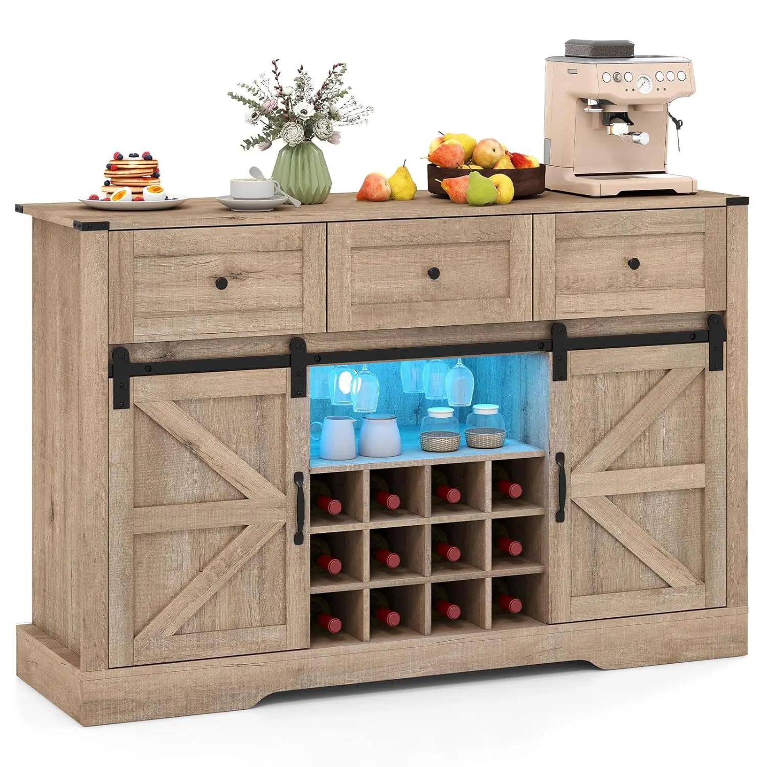 

Винный шкаф-бар с LED-подсветкой, 52-дюймовый буфет-сервант с раздвижной дверцей, 3 ящика, регулируемая полка, на 12 бутылок, на заказ