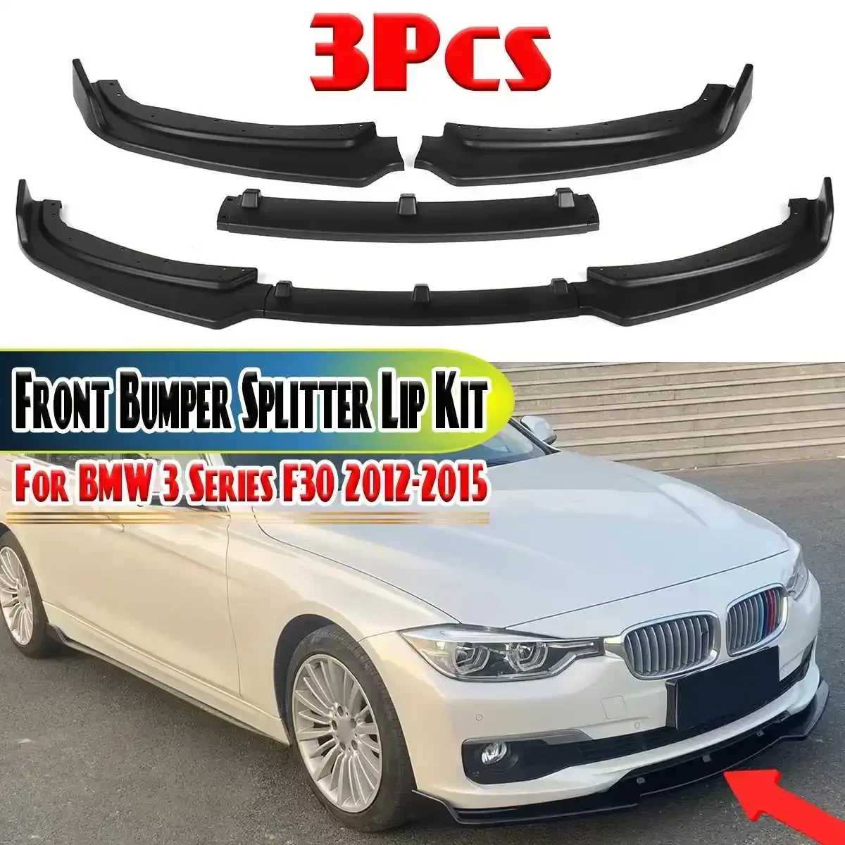 

3x Front Bumper Lip Spoiler Splitter Surround Molding Cover Trim For BMW 3 Series F30 2012-2015 Bumper Lip Deflector Body Kit