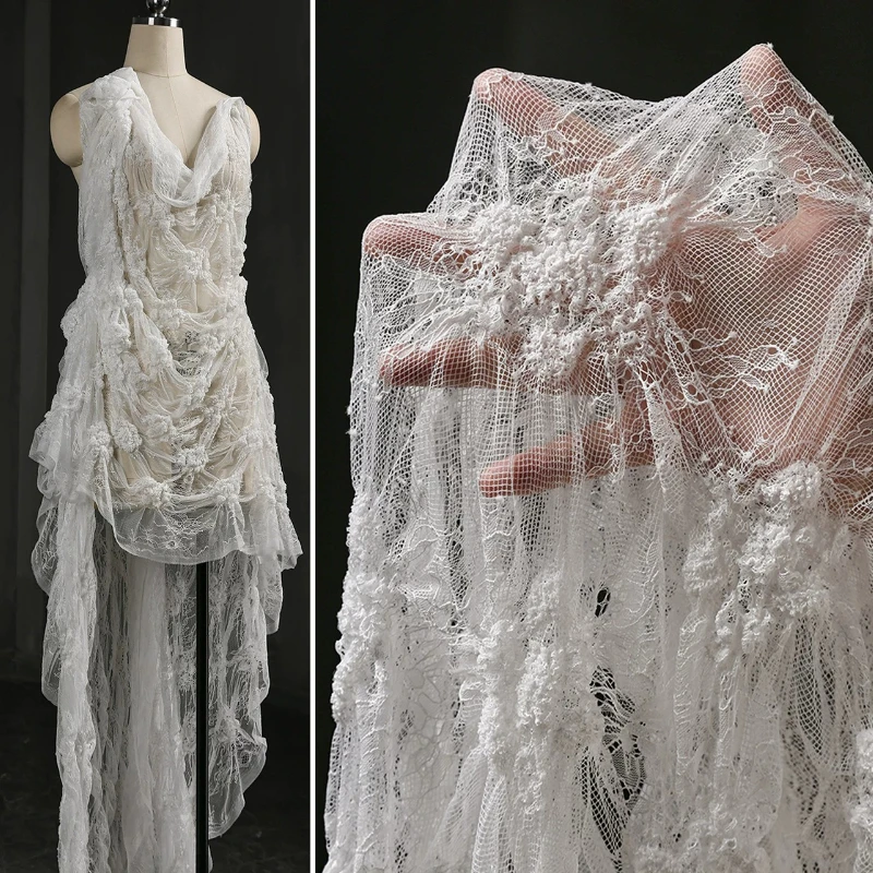 Home Fashion Textiles - White Crinkled Sheer Lace Soft Mesh