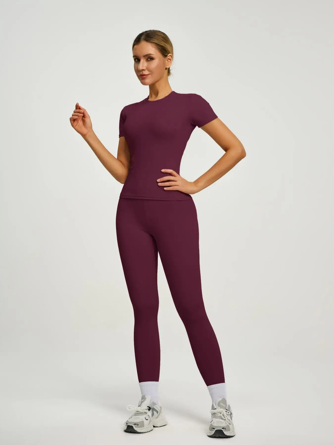 Women's Short Sleeve Sporty Set, High Waist Yoga Pants & T-Shirt Combo, Ideal for Fitness Gym Sculpting Workout image 5