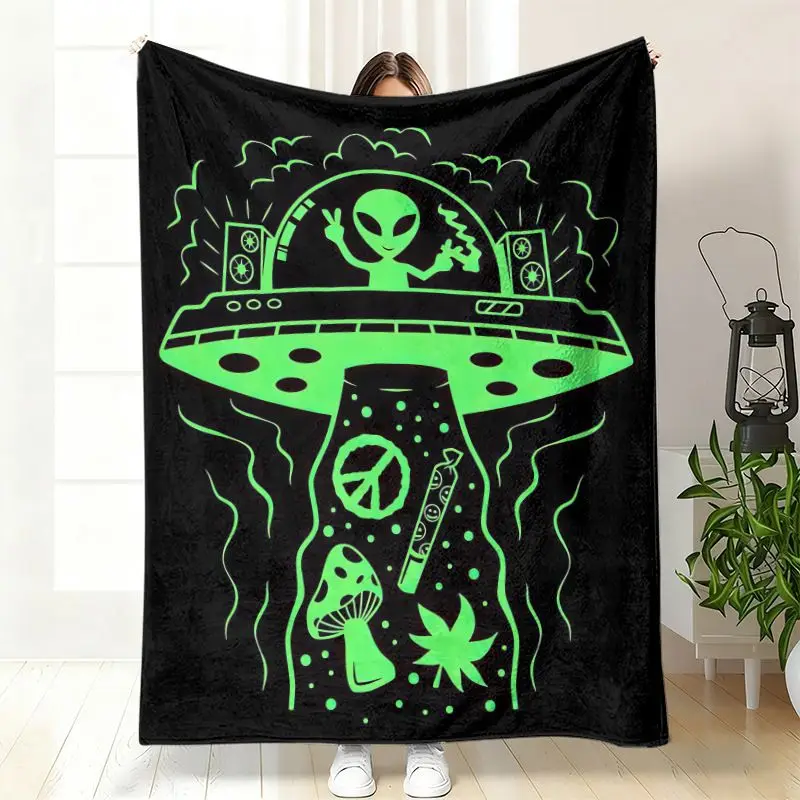 VIKAMA – couverture en flanelle psychédélique UFO Alien, motif champignon vert, signe de paix, douce et chaude, pour canapé, chambre à coucher, décoration de la maison