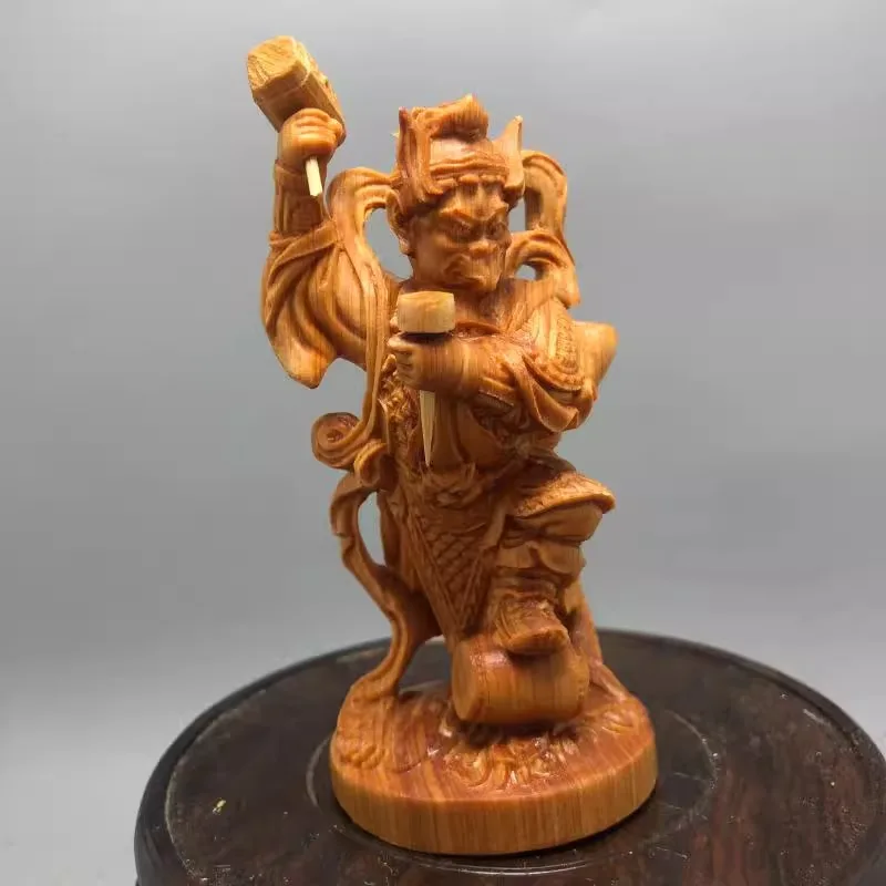 Exquisite Wood Carved Thunder God Statue, intricately detailed for Home Decor, Temple Worship, Protective Deity Ornament