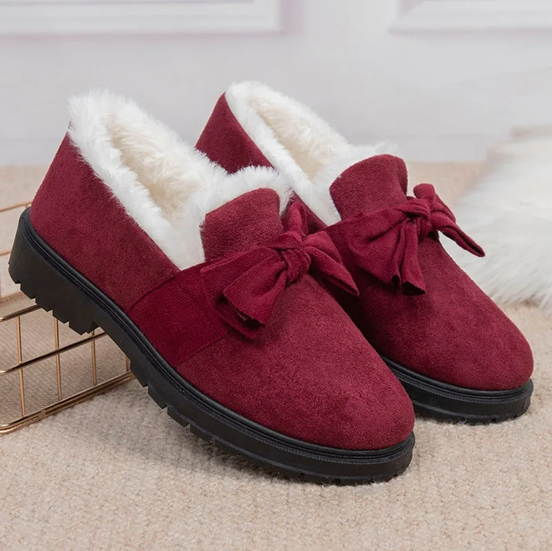 

Winter New Ladies Cotton Shoes Plush Warm Non-slip Female Casual Shoes Woman Bowknot Short Snow Boots Mom Comfy Furry Loafers