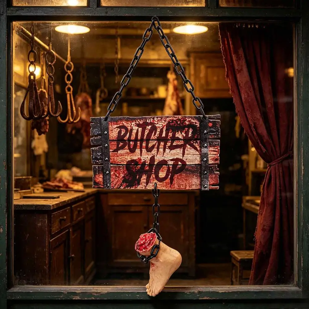 Accesorios de pie cortado para Escape Room, decoración de Halloween con letrero de carnicero, colgante de pierna rota para pared de casa embrujada, para interiores