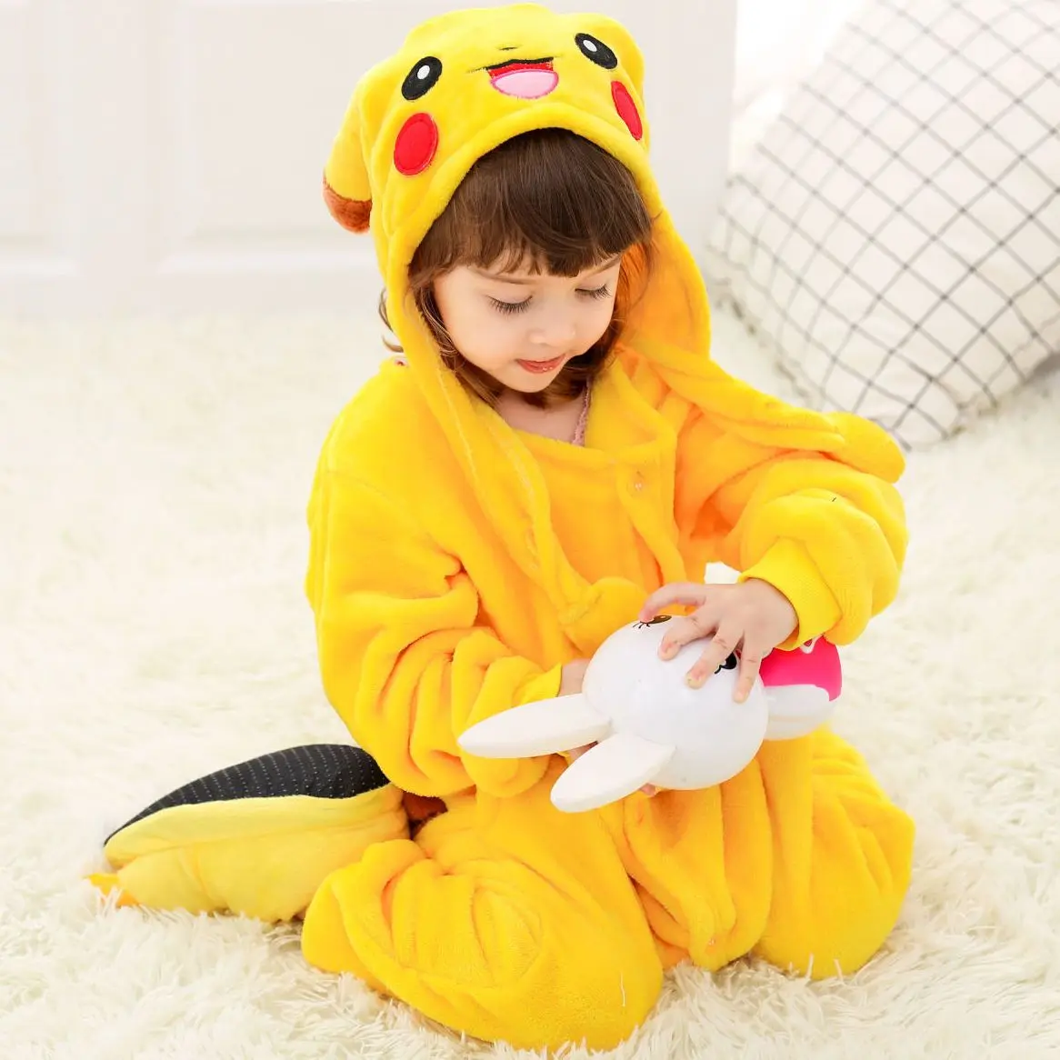 Cosplay Pikachu One-piece Hooded Pajamas Cute Animal Loungewear Totoro Dinosaur Long Sleeve Sleepwear Homewear for Kid Keep Warm