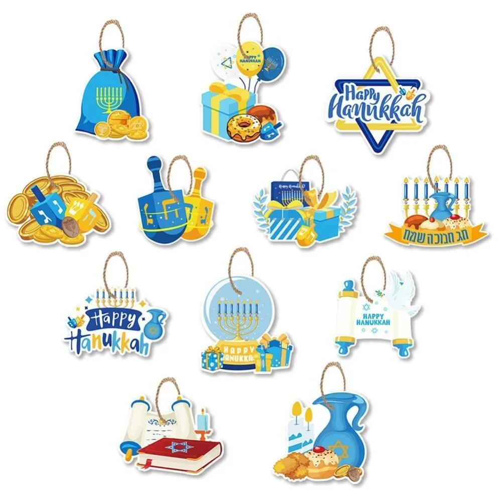 12Pcs/Set Creative Happy Chanukah Jewish Hanukkah Decor DIY Cardstock Paper Cards Hanging Ornament Party Decoration Pendant Gift