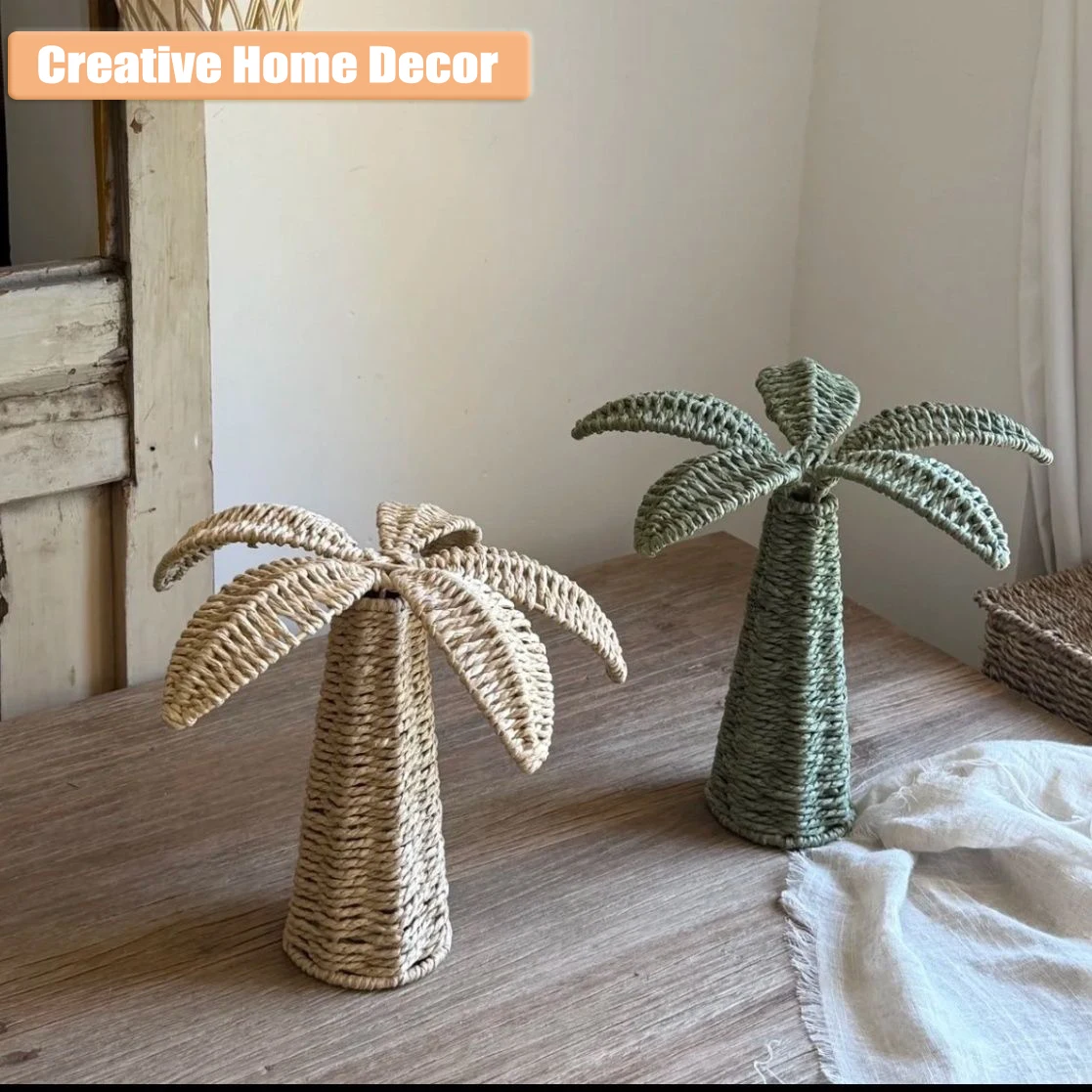 Creative Home Decor Grass Weaving Flower Decoration Living Room Bedroom Desktop Decoration Coconut Tree Shape Decor Accessories