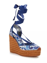 Women Woven Wedge Sandals Blue White Flower Print Graffiti Straw Butterfly Hollow High Heels Ankle Ribbon Wrapping Casual Shoes