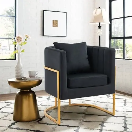 Velvet Accent Chairs Set of 2, Upholstered Barrel Armchair with Pillow, Black Gold Legs