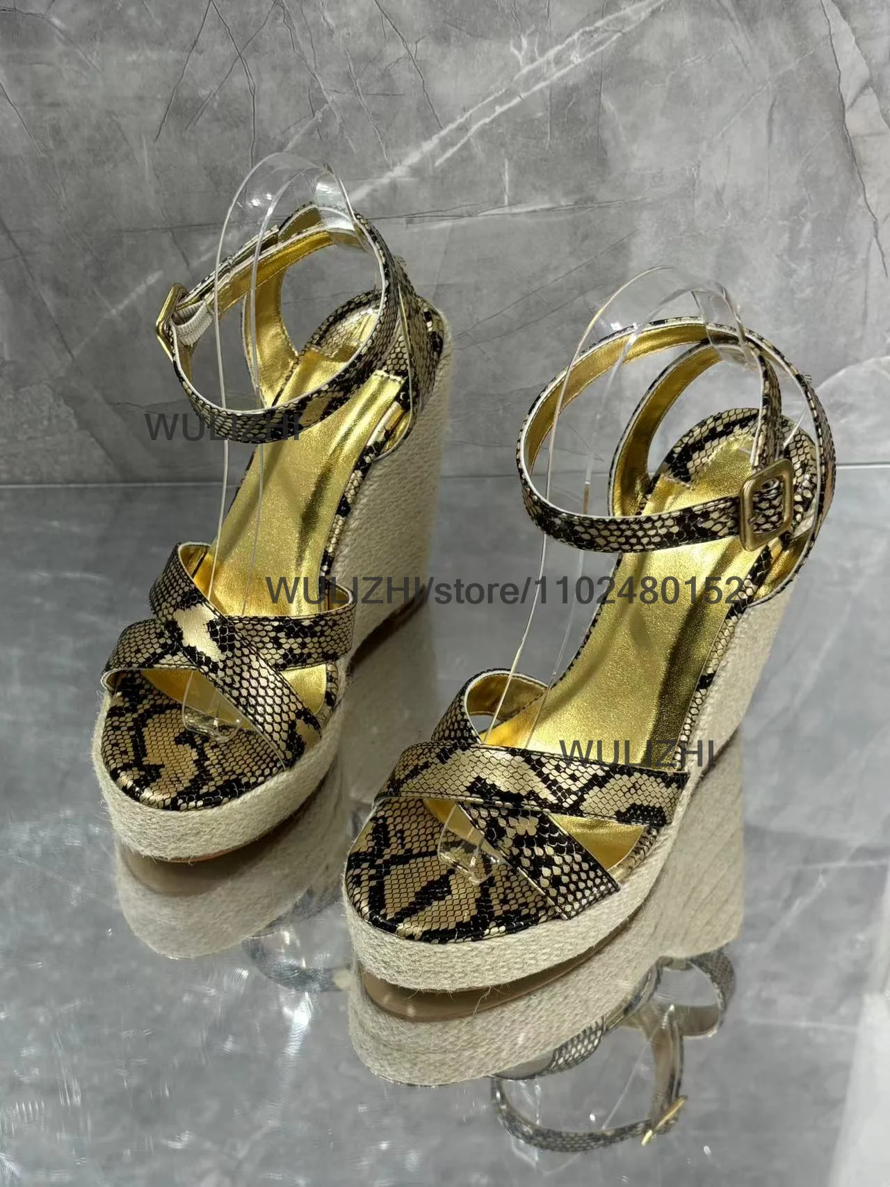 Black Snake Pattern Gold Sandals Wedge Heels Espadarille Weave Platform Heels Ethnic Style Red Sexy Summer Casual Buckle Shoes