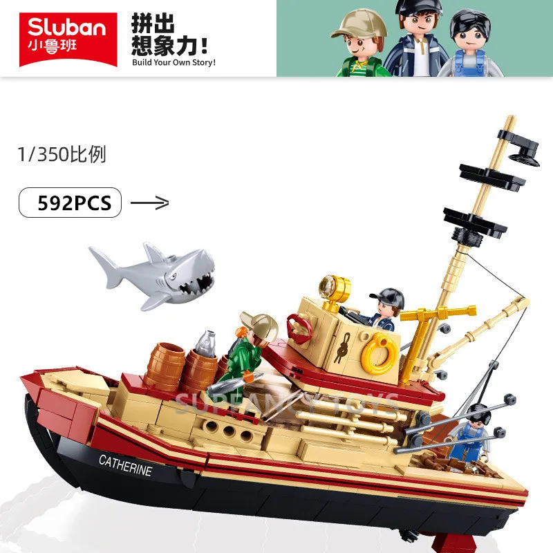 592PCS The Great Shark Vessel Trawlboat Model Building Blocks Pirate Ship Sea Fisher White Shark Figures MOC Toys With Stickers