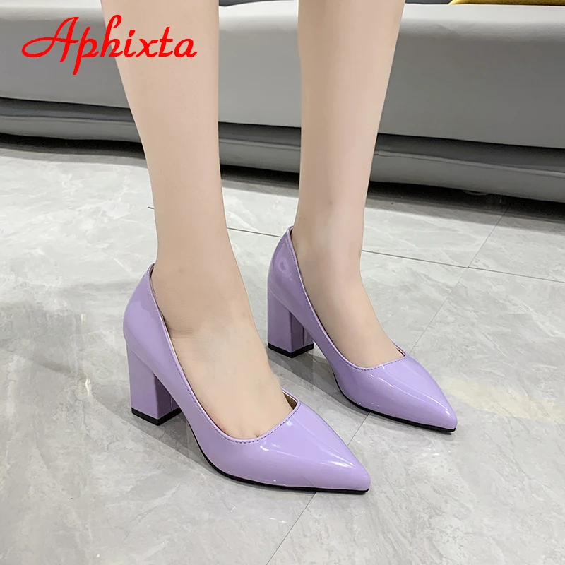 Aphixta-Pointed Toe sapatos de couro para mulheres, saltos grossos, bombas, roxo, colorido, plus size 50, novo, 2.9\