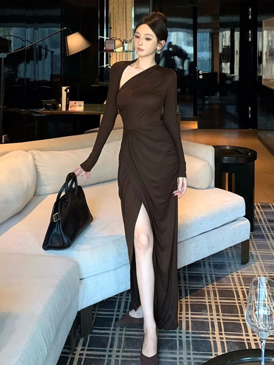 

Ele Ladylike Long Sve Slit Dr Sexy Spicy oulder Bared Waist Cinched Bodycon Split Skirt Retro Design Sensual Girl