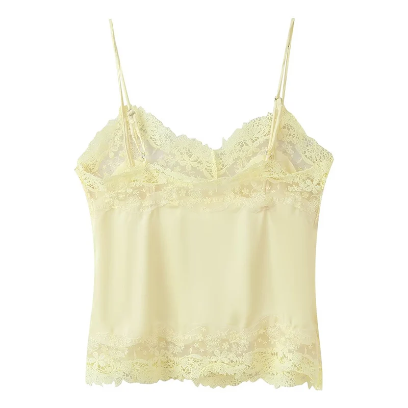 Frauen 2-teiliges Set Herbst Einfarbig V-ausschnitt Ärmellose Spitze Dekoration Halter Top + Einreiher Dünne Shorts Weibliche Casual set