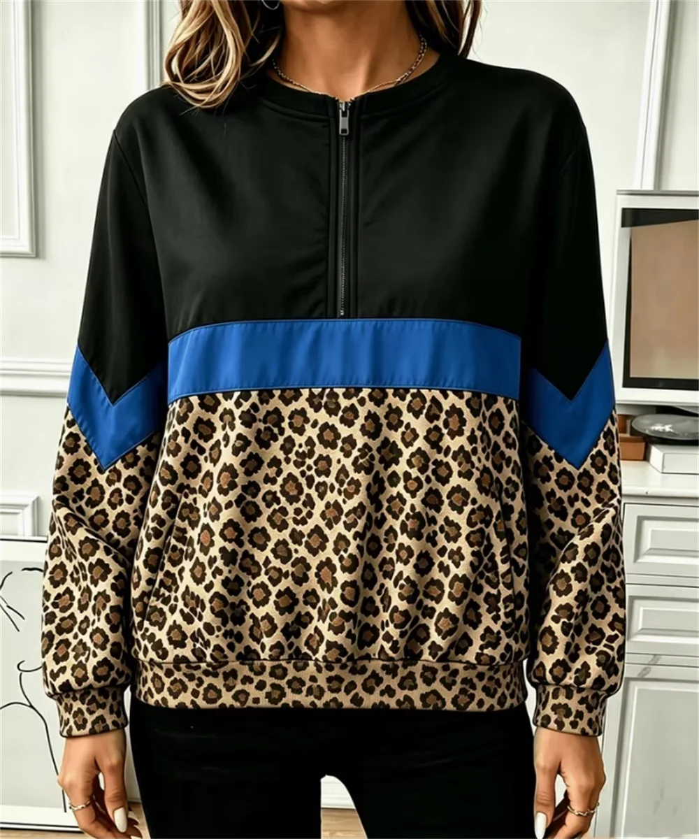 2026 Spring and Autumn women's new color block splicing and leopard print long sleeved pullover, casual retro sports style top