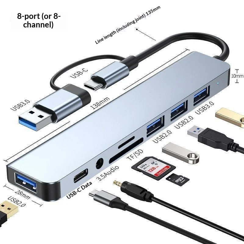 

Многофункциональная док-станция Fmouse 8-в-1 USB 3.0 с алюминиевым корпусом, несколькими портами, аудиовходом 3,5 мм и разъемом Type-C для ноутбуков и настольных ПК