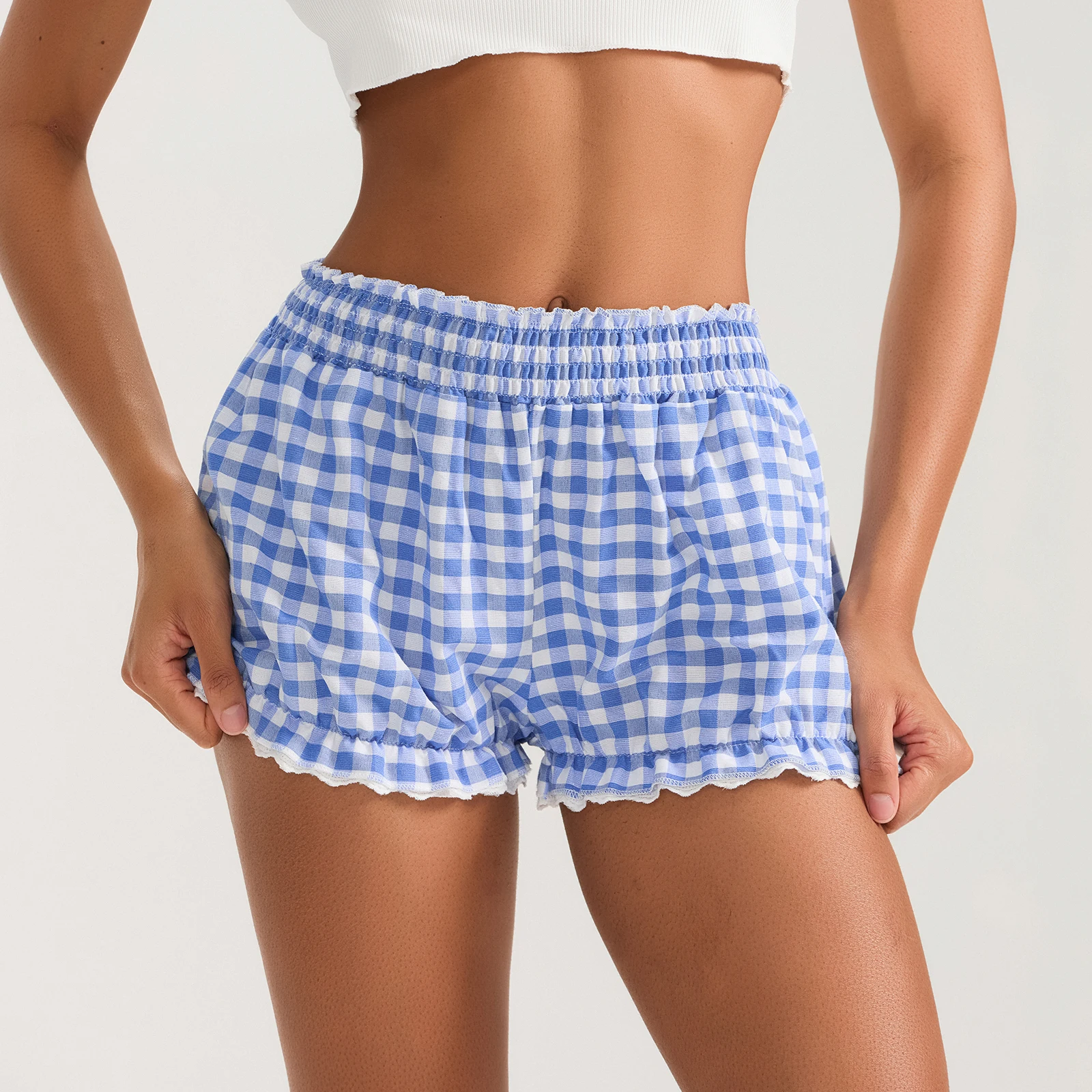 Women's Summer Plaid Pajama Shorts Elastic Band Wide Leg Loose Fit Lounge Bloomers