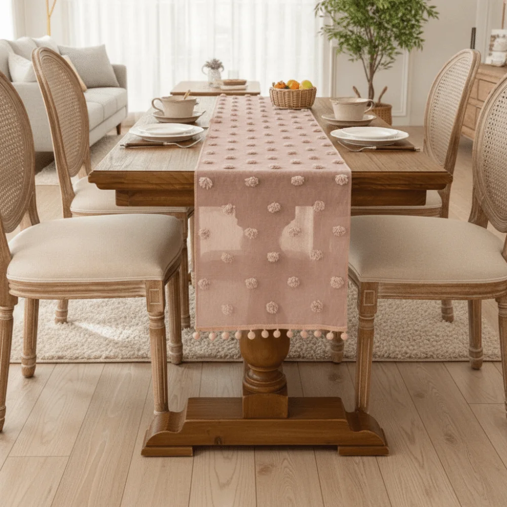 Fashion Nordic Style Lace Table Runner with 3D Pom-poms Rectangular Dining Table Cloth French-style Gauze Bookcase Cover Wedding