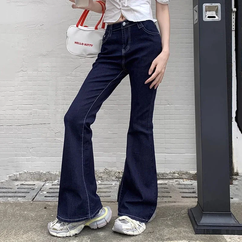 2025 Spring Female Korean Wash Dark-Blue Flare Jeans Lady Chic Designer Bell Bottom Pants Girls Vintage Slim Fit Denim Trousers