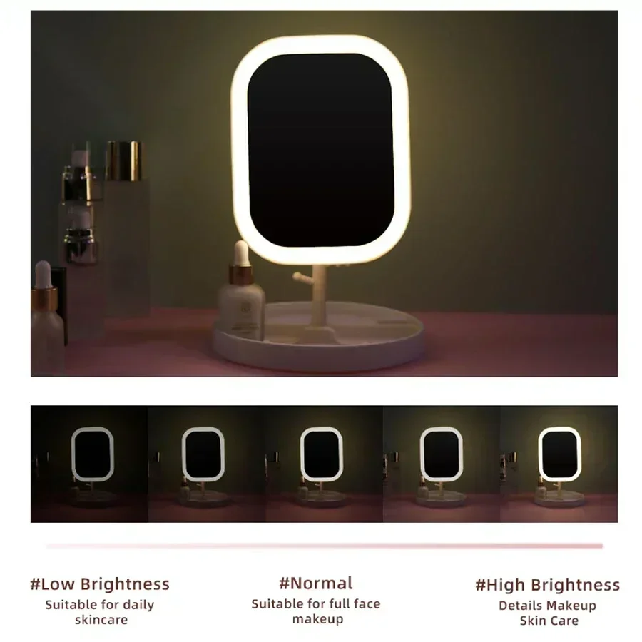 LED Rotatable Travel Makeup Mirror 3 Colors Light Modes USB Rechargeable Touch Screen Portable Tabletop Cosmetic Mirror White