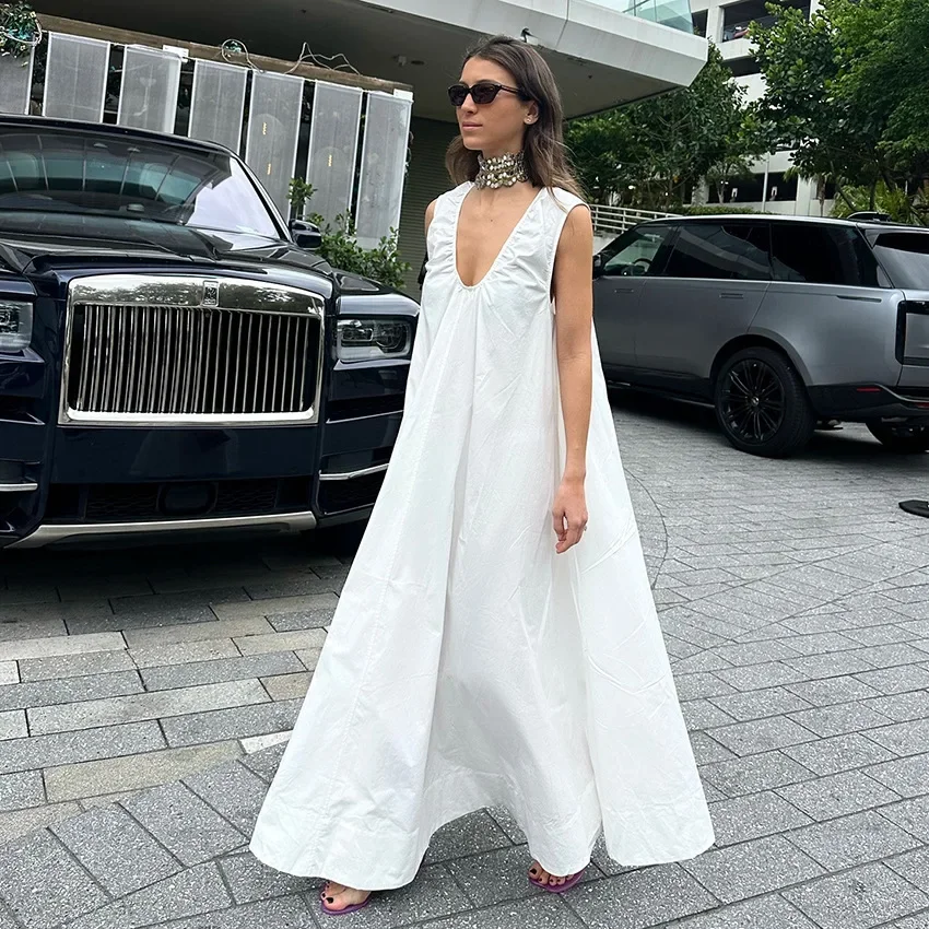 Summer New Fashion V-neck Folded Women Casual Loose Dress Simple Solid Color Female Sleeveless Long Vestidos