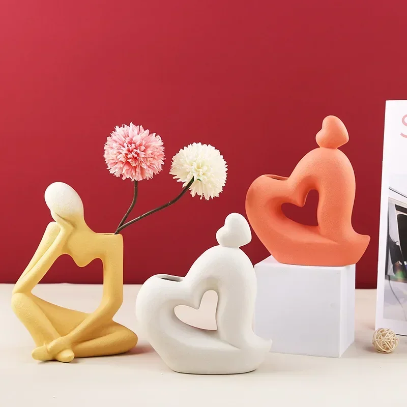 Frosted Abstract Thinker Statue Creative Ceramic Heart-shaped Vase Nordic Home Crafts Desktop Decoration Hydroponic Flowerpot