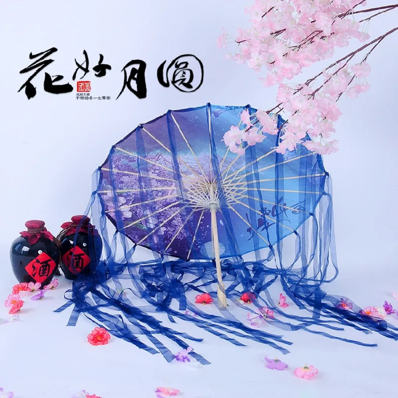 Women Beach Umbrella Tassel Hanfu Umbrella Vintage Oil Paper Umbrella Rainproof Ribbon Umbrella Chinese Handheld Cosplay