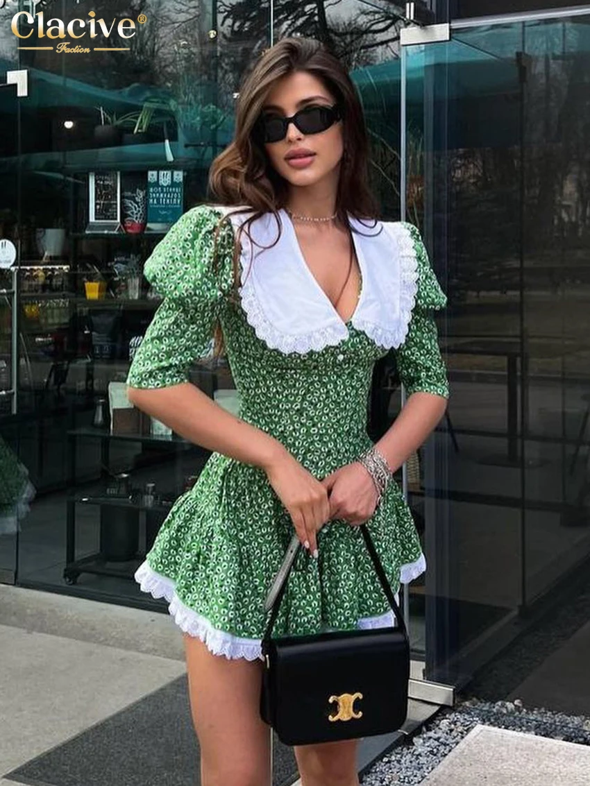 Clacive letnia wąska sukienka damska z nadrukiem 2023 Bodycon kołnierzyk dla lalek z krótkim rękawem Mini sukienki elegancka koronkowa patchworkowa sukienka damska