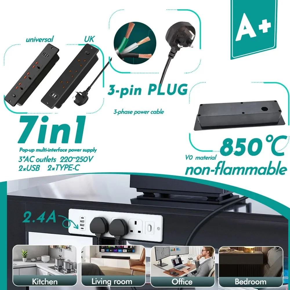 FUNAYA Embedded Desktop Socket Universal UK SG MY Recessed Desk Built-in Countertop Socket USB Type-c Overload Protection