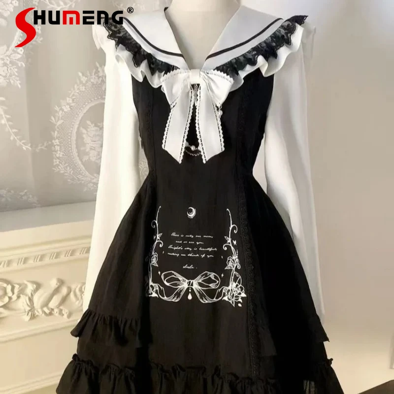 

Japanese Lolita Style Black And White Vintage Doll Feel Bow Long Sleeves Dress Y2k Vestidos Long-sleeves Slim Fit Doll Dresses