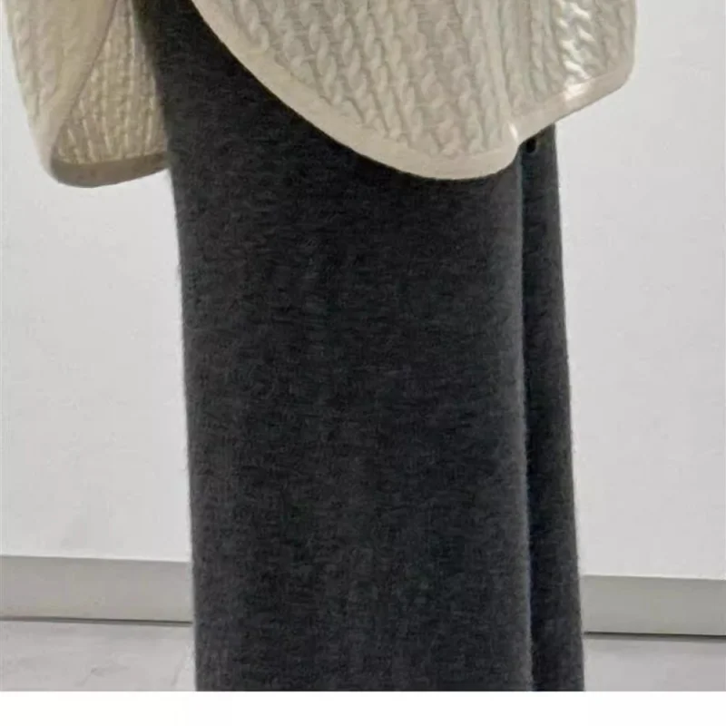 กางเกงขายาวถักไหมพรมสีเทาแบบใหม่ประจำปี 2025 สำหรับผู้หญิง แฟชั่นจีน ผ้าแคชเมียร์ ทรงตรง หลวม สีพื้น ความยาวระดับข้อเท้า